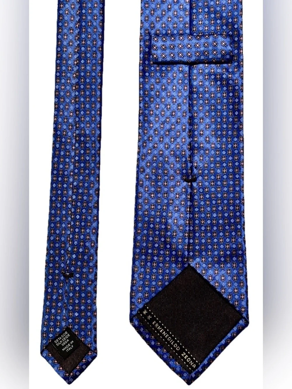 $295 NEW ERMENEGILDO ZEGNA SILVER SATIN BLUE NEAT TIE ITALY 100% SILK
